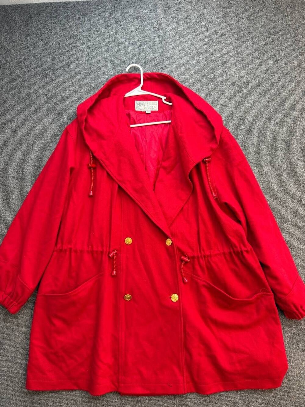 Gallery Woman Red Hooded Wool Blend Coat Jacket USA Size Large L Vintage